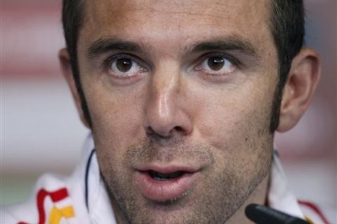 Spain's player Carlos Marchena speaks during a press conference  in Potchefstroom, South Africa, Friday, July 9, 2010. Spain will face Netherlands in the final soccer match of the World Cup on July 11. (AP Photo/Daniel Ochoa de Olza)