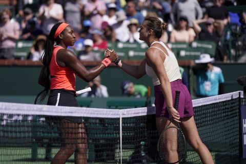 Aryna Sabalenka, right, of Belarus, shakes hands with Coco Gauff, of the United States, following her victory over Gauff at the BNP Paribas Open tennis tournament Wednesday, March 15, 2023, in Indian Wells, Calif. (AP Photo/Mark J. Terrill)