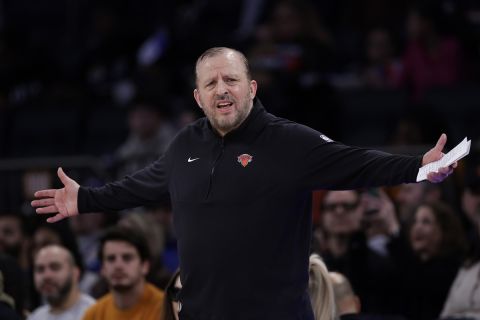 New York Knicks head coach Tom Thibodeau reacts against the Detroit Pistons during the second half of an NBA basketball game Monday, Feb. 26, 2024, in New York. The Knicks won 113-111. (AP Photo/Adam Hunger)