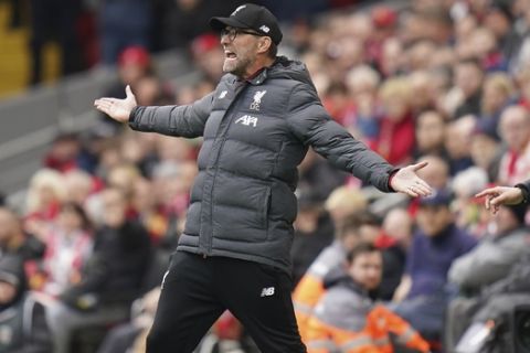 Liverpool's manager Jurgen Klopp reacts during the English Premier League soccer match between Liverpool and Bournemouth at Anfield stadium in Liverpool, England, Saturday, March 7, 2020. (AP Photo/Jon Super)