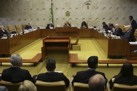 FILE - In this Dec. 7, 2016 file photo, the Brazilian Supreme Court meets in Brasilia, Brazil. After 30 years, Brazil's Supreme Court has finally decided the winner of the 1987 soccer league title. It's little-known club Sport Recife, which by a 3-1 vote by a five-member panel was declared the winner over Rio de Janeiro's Flamengo. (AP Photo/Eraldo Peres, File)