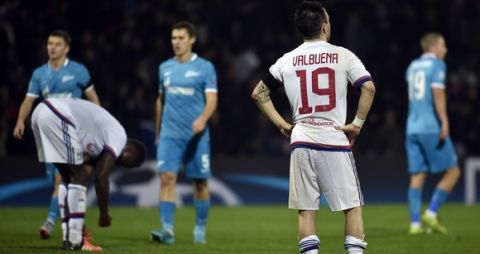 Lyon's French forward Mathieu Valbuena (2nd R) reacts after an UEFA Champions League Group H football match between Lyon and Zenit Saint-Petersburg at the Stade de Gerland stadium in Lyon, southeastern France on November 4, 2015. AFP PHOTO / JEFF PACHOUD        (Photo credit should read JEFF PACHOUD/AFP/Getty Images)