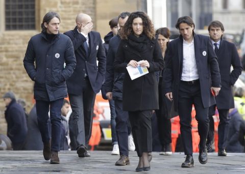 Filippo Inzaghi and a delegation from Venice football club arrive for the funeral ceremony of Italian player Davide Astori in Florence, Italy, Thursday, March 8, 2018. The 31-year-old Astori was found dead in his hotel room on Sunday after a suspected cardiac arrest before his team was set to play an Italian league match at Udinese. (AP Photo/Alessandra Tarantino)
