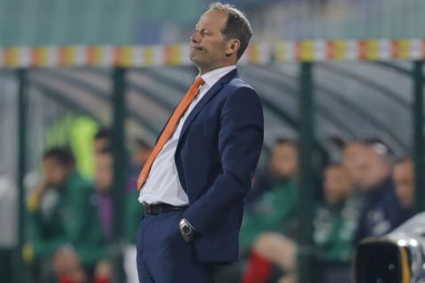 Netherlands' coach Danny Blind after his team missed an opportunity to score during their World Cup Group A qualifying soccer match against Bulgaria, at the Vassil Levski stadium in Sofia, Bulgaria, Saturday, March 25, 2017. (AP Photo/Vadim Ghirda)