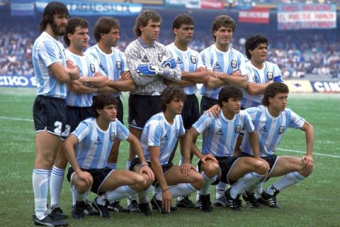 Argentina soccer team players pose before the start of the World Cup soccer final at Atzeca Stadium in Mexico City, Mexico, on June 29, 1986. Argentina defeated West Germany 3-2 to take the trophy. (Ap Photo/Carlo Fumagalli)