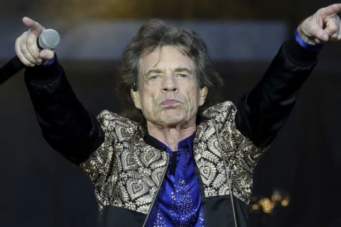 Singer Mick Jagger of the Rolling Stones performs during their gig at the Murrayfield Stadium in Edinburgh, Scotland. Saturday June 9, 2018. (Jane Barlow/PA via AP)