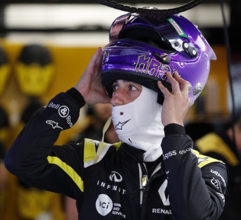 Renault's Daniel Ricciardo prepares for a Formula One pre-season testing session at the Barcelona Catalunya racetrack in Montmelo, outside Barcelona, Spain, Wednesday, Feb. 19, 2020. (AP Photo/Joan Monfort)