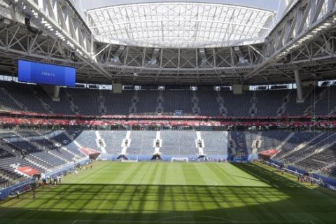 A view of the St.Petersburg arena that will host the upcoming Confederations Cup in St.Petersburg, Russia, Thursday, June 15, 2017.  The FIFA Confederations Cup is an international soccer tournament for national teams running from Saturday June 17 until Sunday July 2.(AP Photo/Dmitri Lovetsky)