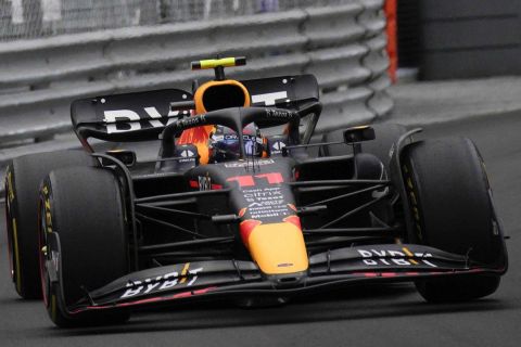 Red Bull driver Sergio Perez of Mexico steers his car during the Monaco Formula One Grand Prix, at the Monaco racetrack, in Monaco, Sunday, May 29, 2022. (AP Photo/Daniel Cole)