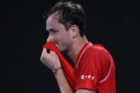 Daniil Medvedev of Russia reacts during his second round match against John Millman of Australia at the Australian Open tennis championship in Melbourne, Australia, Wednesday, Jan. 18, 2023. (AP Photo/Ng Han Guan)