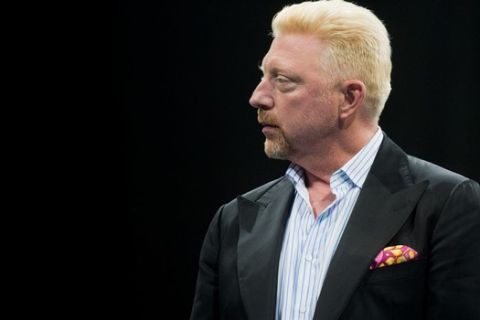 Former German tennis player Boris Becker being honored at the World Group 1st Round of the Davis Cup between Germany and Czech Republic,   in Hanover, Germany,Friday March 4, 2016. (Julian Stratenschulte/dpa via AP)