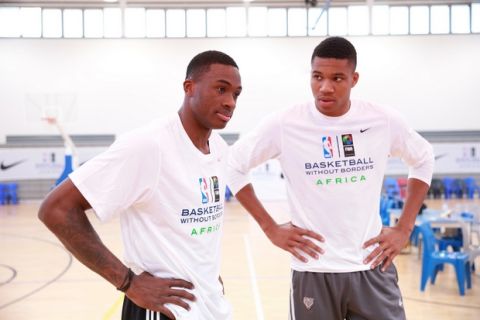 JOHANNESBURG, SA - JULY 28: Giannis and Thanasis Antetokounmpo goes through some drill during a workout prior to the Basketball Without Boarders program on July 28, 2015 at the American International School of Johannesburg in Johannesburg, South Africa.  NOTE TO USER: User expressly acknowledges and agrees that, by downloading and or using this photograph, User is consenting to the terms and conditions of the Getty Images License Agreement. Mandatory Copyright Notice: Copyright 2015 NBAE  (Photo by Joe Murphy/NBAE via Getty Images)