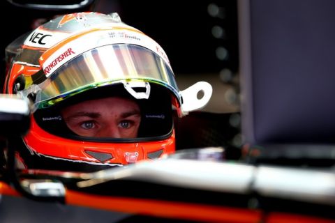 SOCHI, RUSSIA - OCTOBER 09:  Nico Hulkenberg of Germany and Force India sits in his car in the garage during practice for the Formula One Grand Prix of Russia at Sochi Autodrom on October 9, 2015 in Sochi, Russia.  (Photo by Mark Thompson/Getty Images)