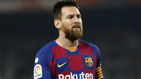 Barcelona's Lionel Messi during Spanish La Liga soccer match between Barcelona and Valladolid at the Camp Nou stadium in Barcelona, Day Week, Month. Day, Year. (AP Photo/Joan Monfort)