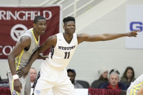Hillcrest Prep's DeAndre Ayton #0 in action against Westtown School's Mohamed Bamba during a high school basketball game at the 2017 Hoophall Classic on Saturday, January 14,, 2017, in Springfield, MA.. Westtown School won. (AP Photot/Gregory Payan)