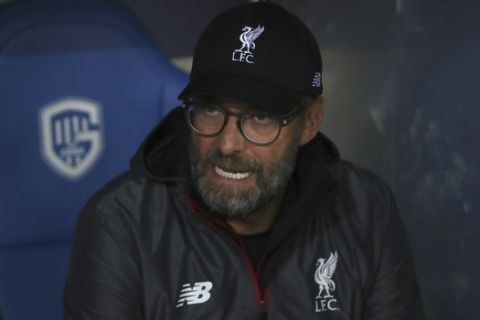 Liverpool manager Jurgen Klopp gives direction from the sidelines during a Champions League group E soccer match between Genk and Liverpool at the KRC Genk Arena in Genk, Belgium, Wednesday, Oct. 23, 2019. (AP Photo/Francisco Seco)