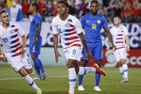 United States' Weston Mckennie celebrates after scoring a goal during the first half of a CONCACAF Gold Cup soccer match against Curacao, Sunday, June 30, 2019, in Philadelphia. The United States won 1-0. (AP Photo/Matt Slocum)
