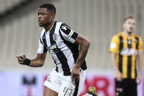 PAOK's Chuba Akpom celebrates after scoring against AEK Athens, during the Greek Cup final soccer match at the empty of fans Olympic stadium in Athens, Saturday, May 11, 2019. (AP Photo/Yorgos Karahalis)