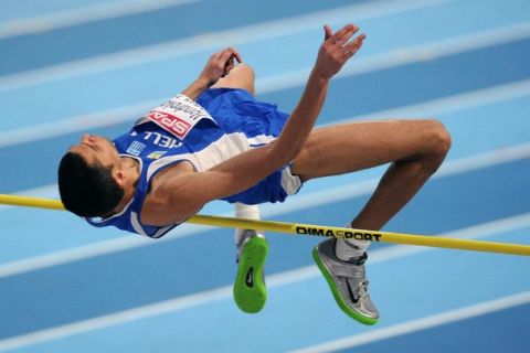 Greece's Dimitrios Hondrokoukis competes in the men's high jump final during the European athletics indoor championships on March 5, 2011 at the Bercy Palais-Omnisport (POPB) in Paris.    AFP PHOTO / FRANCK FIFE (Photo credit should read FRANCK FIFE/AFP/Getty Images)