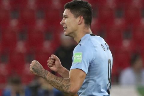 Uruguay's Darwin Nunez celebrates scoring his side's first goal during the Group C U20 World Cup soccer match between Uruguay and Norway in Lodz, Poland, Friday, May 24, 2019. (AP Photo/Czarek Sokolowski)