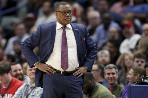 New Orleans Pelicans head coach Alvin Gentry in the first half of an NBA basketball game against the Miami Heat in New Orleans, Friday, March 6, 2020. (AP Photo/Rusty Costanza)