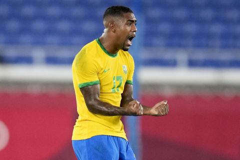 Ο Μάλκομ της Βραζιλίας πανηγυρίζει γκολ που σημείωσε κόντρα στην Ισπανία στον τελικό του τουρνουά ποδοσφαίρου ανδρών των Ολυμπιακών Αγώνων 2020, Γιοκοχάμα | Σάββατο 7 Αυγούστου 2021