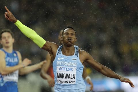 Botswana's Isaac Makwala reacts after finishing a Men's 200m semifinal during the World Athletics Championships in London Wednesday, Aug. 9, 2017. (AP Photo/Tim Ireland)