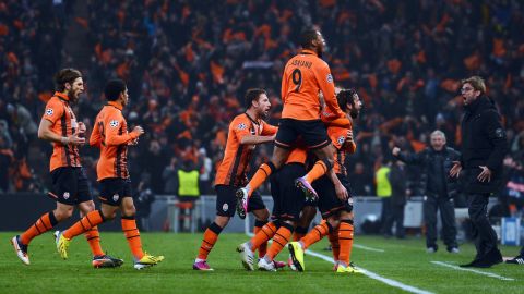DONETSK, UKRAINE - FEBRUARY 13:  Darijo Srna of Donetsk celebrates after scoring his teams first goal during the UEFA Champions League Round of 16 first leg match between Shakhtar Donetsk and Borussia Dortmund at Donbass Arena on February 13, 2013 in Donetsk, Ukraine.  (Photo by Lars Baron/Bongarts/Getty Images)