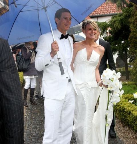 Wedding of Daniel Agger and new wife Sofie, wearing matching white outfits.

 The reception took place at the Nimb Hotel in Copenhagen. 
after the wedding  in his hometown of Hvidovre.

Guests included Arsenal star Nicklas Bendtner.

Picture by JENS CHRISTENSEN