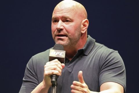Dana White speaks at a news conference for the UFC 244 mixed martial arts event, Thursday, Sept. 19, 2019, in New York. Jorge Masvidal is scheduled to fight Nate Diaz Saturday, November 2 at Madison Square Garden. (AP Photo/Gregory Payan)