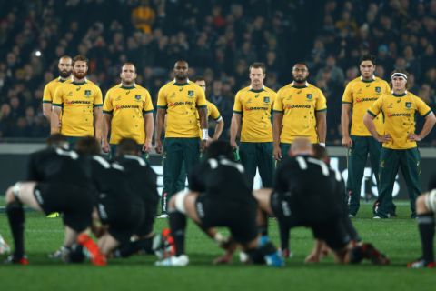 AUCKLAND, NEW ZEALAND - AUGUST 23: Wallaby players watch the All Blacks perform the Haka during The Rugby Championship match between the New Zealand All Blacks and the Australian Wallabies at Eden Park on August 23, 2014 in Auckland, New Zealand.  (Photo by Cameron Spencer/Getty Images)