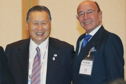 International Olympic Committee member Alex Gilady of Israel, right, and Yoshiro Mori, president of the Tokyo Organising Committee of the Olympic and Paralympic Games, smile together during a IOC-Tokyo 2020 1st Project Review session in Tokyo Thursday, April 3, 2014. (AP Photo/Koji Sasahara)