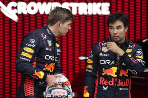 Race winner Red Bull driver Max Verstappen of the Netherlands, left, speaks with second placed Red Bull driver Sergio Perez of Mexico after the sprint race, at the Red Bull Ring racetrack, in Spielberg, Austria, Saturday, July 1, 2023. The Formula One Austrian Grand Prix will be held on Sunday, July 2, 2023. (AP Photo/Darko Bandic)