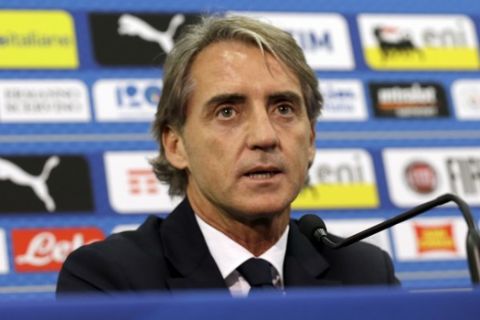 Italy's coach Roberto Mancini answers questions during a press conference held at the Allianz Riviera stadium in Nice, southern France, on the eve of a friendly soccer match between France and Italy, Thursday, May 31, 2018. (Photo/Claude Paris)