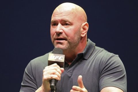 FILE - In this Sept. 19, 2019, file photo, UFC President Dana White speaks at a news conference in New York. UFC 249 has been canceled after ESPN and parent company Disney stopped White's plan to keep fighting amid the coronavirus pandemic. After defiantly vowing for weeks to maintain a regular schedule of fights, White announced the decision to cease competition Thursday, April 9, on ESPN, the UFC's broadcast partner. (AP Photo/Gregory Payan, File)