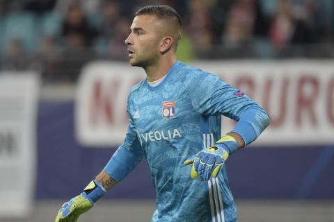 Lyon's goalkeeper Anthony Lopes during the Champions League group G first round soccer match between RB Leipzig and Olympique Lyon in Leipzig, Germany, Wednesday, Oct. 2, 2019. (AP Photo/Jens Meyer)