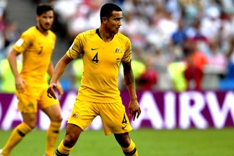 Australia's Tim Cahill controls a ball during the group C match between Australia and Peru, at the 2018 soccer World Cup in the Fisht Stadium in Sochi, Russia, Tuesday, June 26, 2018. (AP Photo/Martin Meissner)