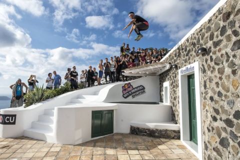 Cory DeMeyers of the United States performs during the Red Bull Art of Motion qualifying in Firostefani on island of Santorini, Greece on October 1, 2015