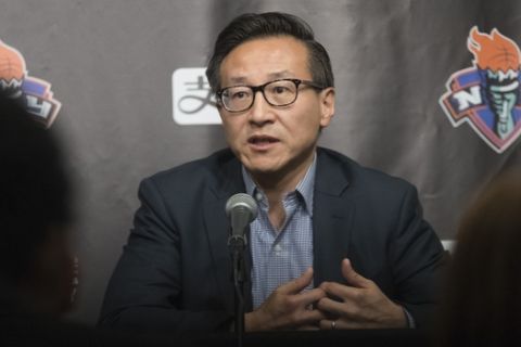 Joe Tsai, co-founder and executive vice chairman of Alibaba Group and the new owner of the New York Liberty, speaks to reporters during a news conference before a WNBA exhibition basketball game between the New York Liberty and China, Thursday, May 9, 2019 in New York. Tsai saw the team's exhibition game against the Chinese national team Thursday night as a chance to grow relations between the two countries. (AP Photo/Mary Altaffer)