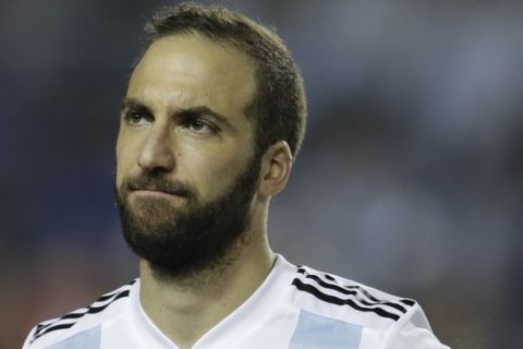 Argentina's Gonzalo Higuain before a friendly soccer match between Argentina and Haiti in Buenos Aires, Argentina, Tuesday, May 29, 2018. (AP Photo/Natacha Pisarenko)