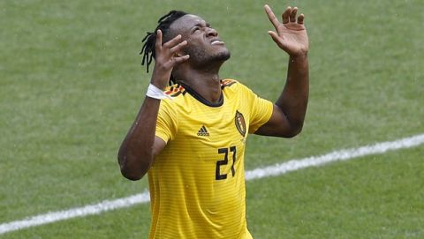 Belgium's Michy Batshuayi scores his side's fifth goal against Tunisia during the group G match between Belgium and Tunisia at the 2018 soccer World Cup in the Spartak Stadium in Moscow, Russia, Saturday, June 23, 2018. (AP Photo/Victor Caivano)