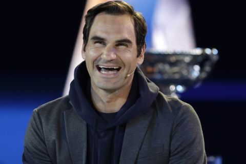Defending men's champion, Switzerland's Roger Federer laughs during an interview at the official draw ceremony ahead of the Australian Open tennis championships in Melbourne, Australia, Thursday, Jan. 10, 2019. (AP Photo/Mark Baker)