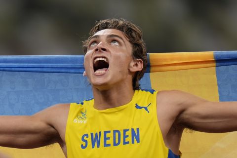 Armand Duplantis, of Sweden, celebrates after winning the final of the men's pole vault at the 2020 Summer Olympics, Tuesday, Aug. 3, 2021, in Tokyo. (AP Photo/Francisco Seco)