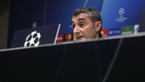 Barcelona's head coach Ernesto Valverde meets the media during a news conference ahead of Tuesday's Champions League, group F soccer match between Inter Milan and Barcelona, at the San Siro stadium in Milan, Italy, Monday, Dec. 9, 2019. (AP Photo/Luca Bruno)