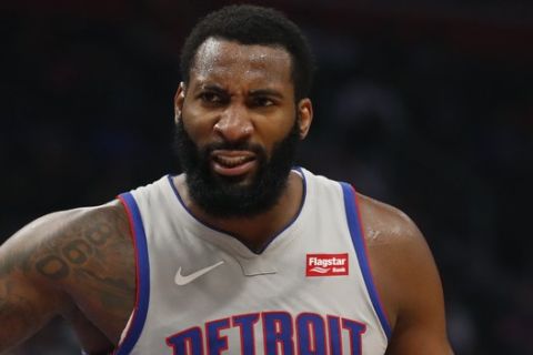 Detroit Pistons center Andre Drummond (0) argues a call with referee Nick Buchert during the first half of an NBA basketball game against the Philadelphia 76ers, Saturday, Oct. 26, 2019, in Detroit. (AP Photo/Carlos Osorio)