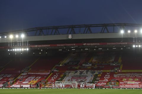 The a view of the empty Kop during the English Premier League soccer match between Liverpool and Crystal Palace at Anfield Stadium in Liverpool, England, Wednesday, June 24, 2020. (Paul Ellis/Pool via AP)