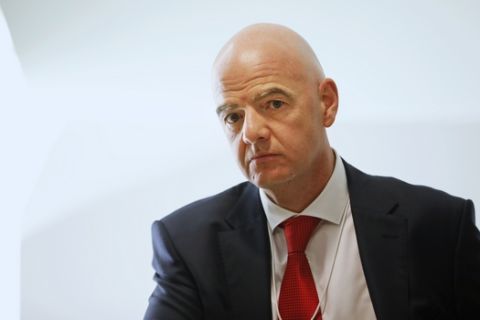 FIFA President Gianni Infantino attends the World Economic Forum in Davos, Switzerland, Tuesday, Jan. 21, 2020. The 50th annual meeting of the forum will take place in Davos from Jan. 21 until Jan. 24, 2020. (AP Photo/Markus Schreiber)