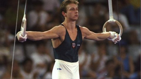 The Unified Team's Vitaly Scherbo performs his routine on the rings during the men's individual all-around gymnastic competition at the XXV Summer Olympics in Barcelona July 31, 1992.  Scherbo won the gold medal in the event. (AP Photo/John Gaps)