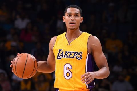 Ontario, CA - OCTOBER 9:  Jordan Clarkson #6 of the Los Angeles Lakers handles the ball against the Denver Nuggets during a preseason game on October 9, 2016 at Citizens Business Bank Arena in Ontario, California. NOTE TO USER: User expressly acknowledges and agrees that, by downloading and/or using this Photograph, user is consenting to the terms and conditions of the Getty Images License Agreement. Mandatory Copyright Notice: Copyright 2016 NBAE (Photo by Juan Ocampo/NBAE via Getty Images)