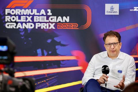 Single Seater Technical Director for the FIA Nikolas Tombazis addresses a media conference ahead of the Formula One Grand Prix at the Spa-Francorchamps racetrack in Spa, Belgium, Saturday, Aug. 27, 2022. The Belgian Formula One Grand Prix will take place on Sunday. (AP Photo/Olivier Matthys)